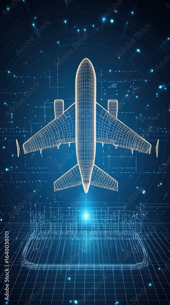 Poster wireframe jet engineering model a detailed digital representation of an airplane in a wireframe desi