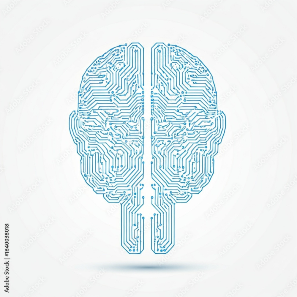 Poster circuit board pattern forming the shape of human head silhouette on a light colored surface view fro