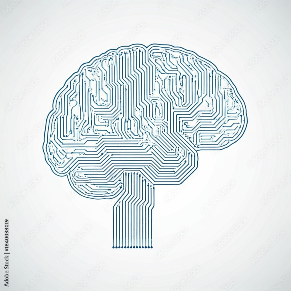 Poster circuitry representation of a human brain with visible connections and pathways on a light backgroun