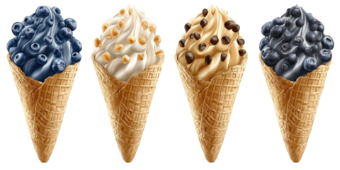 Four ice cream cones with different toppings