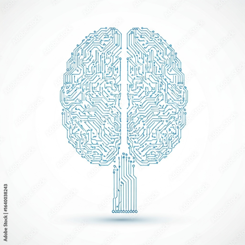 Poster circuit board representation of human intelligence with intricate connections and blue color scheme 