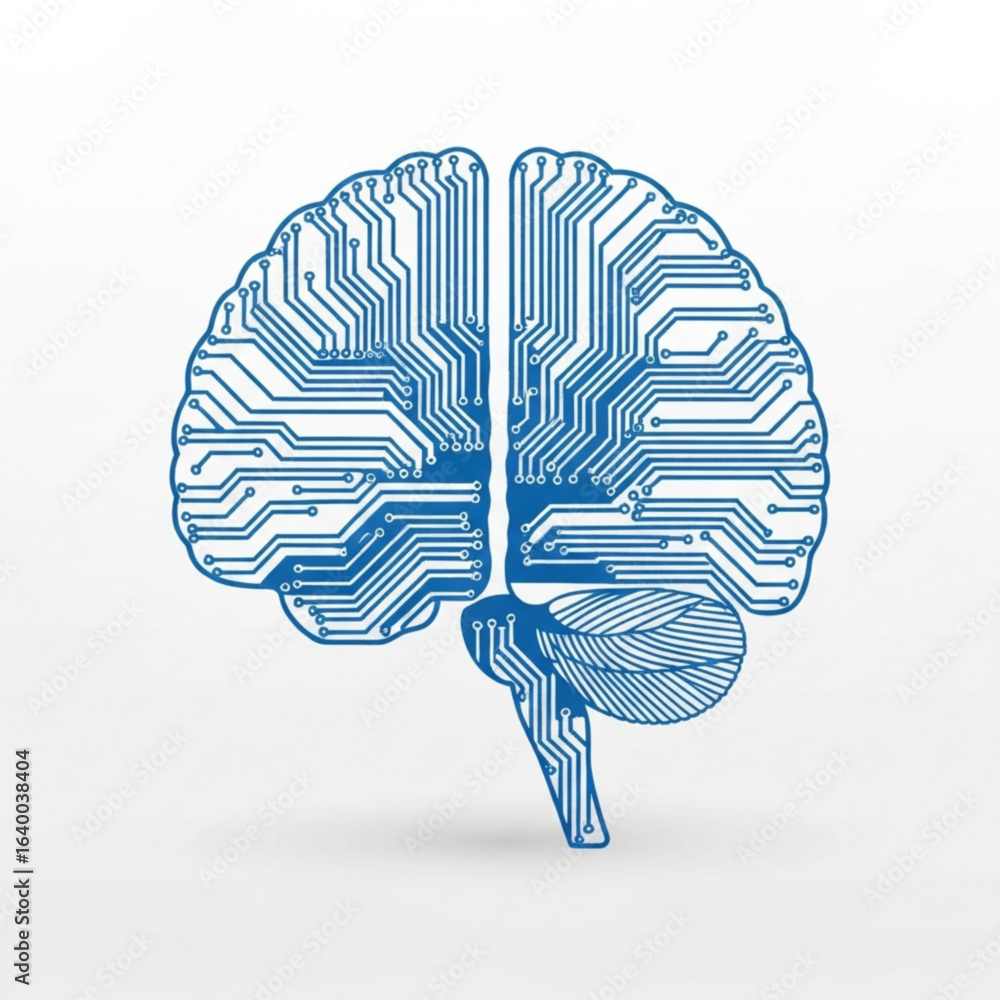 Poster illustration of a human brain with circuit board patterns representing artificial intelligence conce