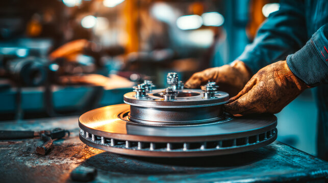 Technician assembling a car brake disc in an automotive workshop