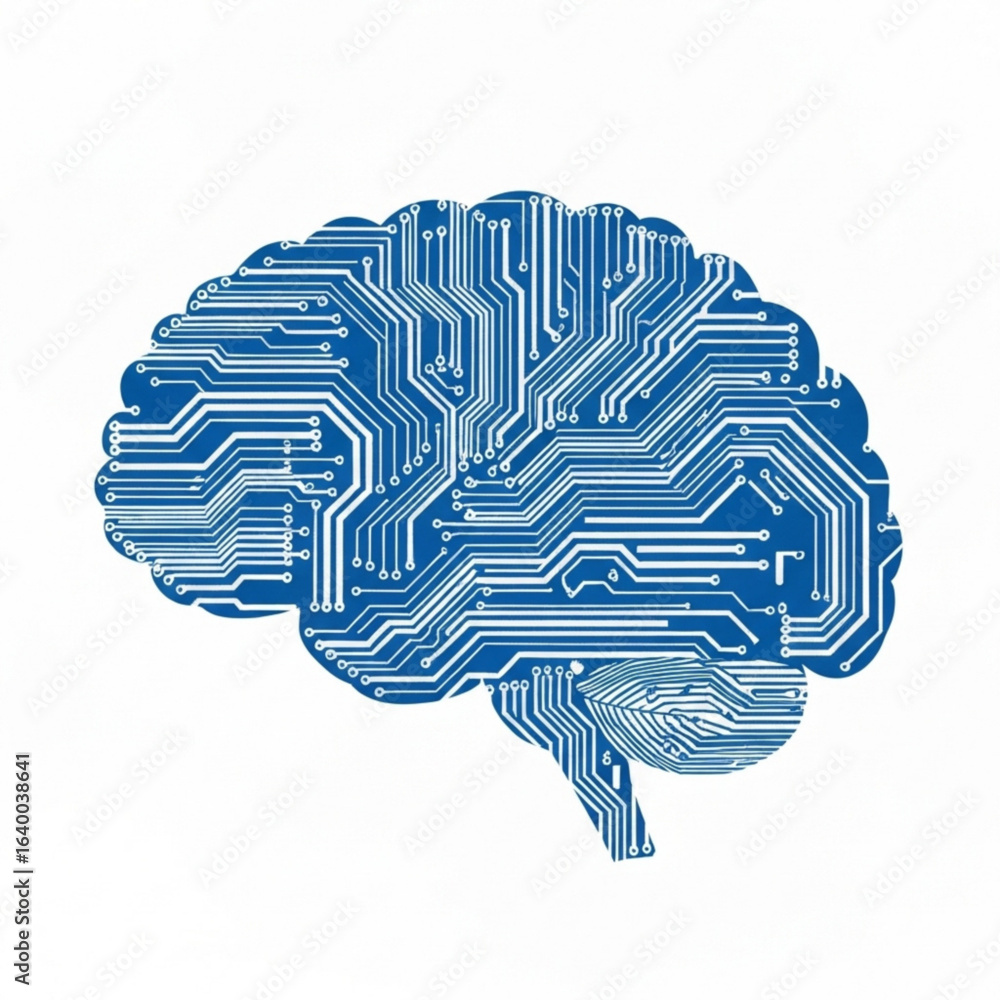 Poster illustration of a human brain with circuit patterns representing artificial intelligence concept ide