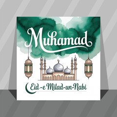 Eid-e-Milad-un-Nabi Islamic Greeting Card with Mosque, Lanterns, and Watercolor Background