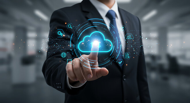 A businessman in a suit touches a digital cloud icon, representing cloud computing technology, data storage, and online services for business and communication