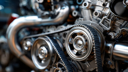 Fototapeta premium Close-up of a high-performance motorcycle engine with visible timing belt and metallic components