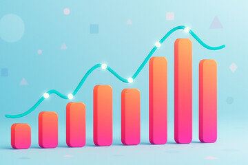 Vibrant Infographic Style Stock Chart with Rounded Gradient Bars and Curved Trend Lines on Pastel Abstract Background for Design Use