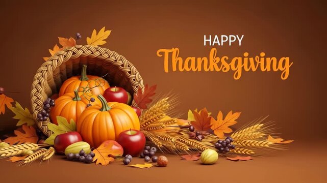 Thanksgiving cornucopia animation with falling autumn leaves and pumpkins
