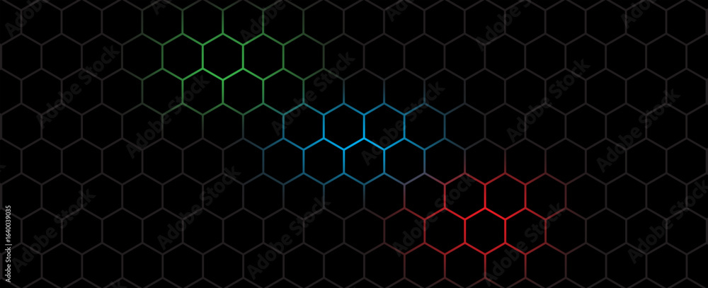 Aufkleber dark hexagon abstract technology background with blue and green colored bright flashes under hexagon
