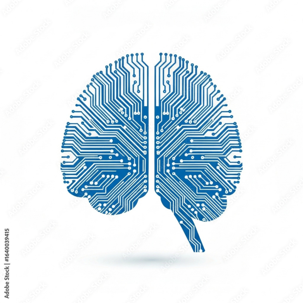 Poster illustration of a brain shaped circuit board with intricate pathways and connections symbolizing int