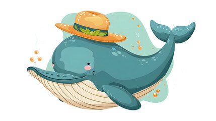 Whimsical Cute Whale with Hat Illustration in Style V3