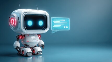 A cute, small, white robot with glowing blue eyes and a speech bubble displaying text.