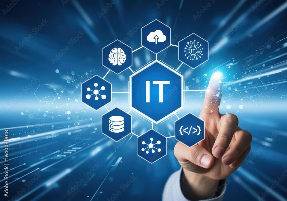 Poster a person interacting with a modern it interface showcasing various technological icons. the interfac