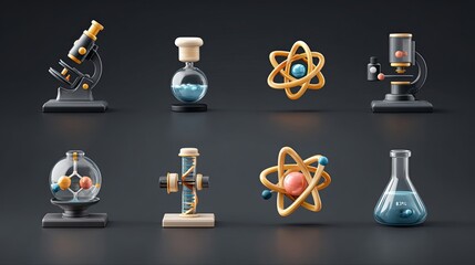 3D rendered icons of science lab equipment and atoms.