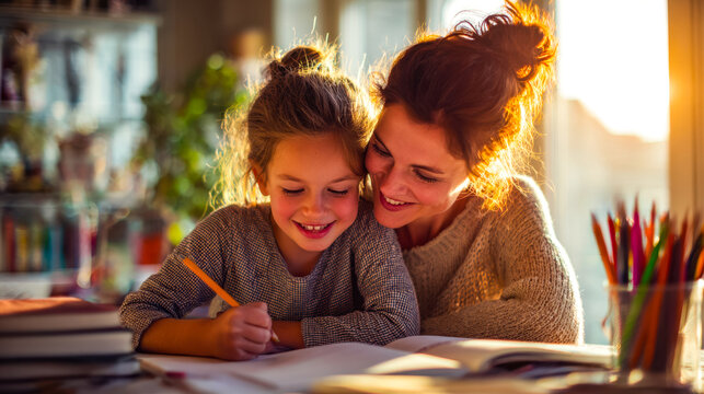 Joyful mother and daughter sharing a happy moment during creative activity at home - Powered by Adobe