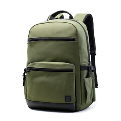 A green school backpack, a carry object with a zipper and handle, is isolated on on a transparent background 