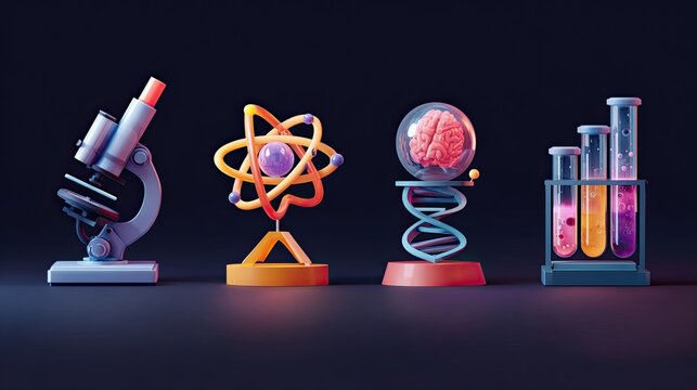 A collection of scientific icons including a microscope, atom model, brain and DNA, and test tubes with colorful liquids.