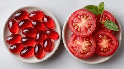 Fresh lycopene softgels beside sliced heirloom tomatoes on glossy white plates