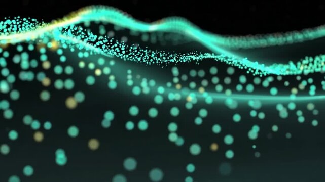 Fresh mint green and lime yellow particles drift smoothly across a dark background