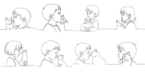 Profile of a child with a cat, set of 10 icons, isolated on transparent background
