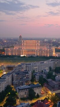 Stunning and breathtaking Aerial View of Bucharests Iconic Palace Parliament beautifully at Dusk. Romania