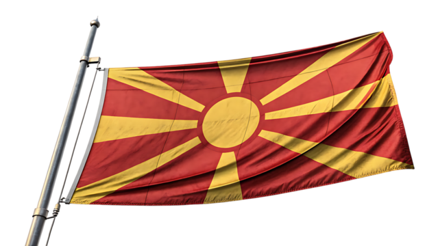 Macedonian flag waving in the wind against a bright sky isolated on transparent background
