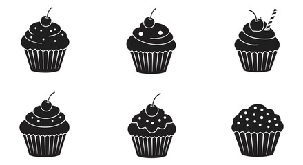 Cupcake Collection Silhouette Black and White Vector Illustration of Sweet Treats