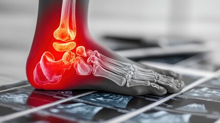Close-up of ankle joint showing Achilles tendinitis and key medical findings