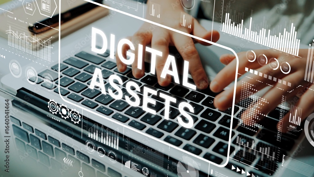 Aufkleber detailed close-up of hands typing on laptop with graphs and digital assets concept overlay. asymptot