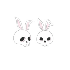 Spooky but cute skull with Easter bunny ears in a whimsical retro cartoon style vector illustration isolated on white. Perfect for unique holiday designs, creepy Easter cards, Halloween Easter fusion