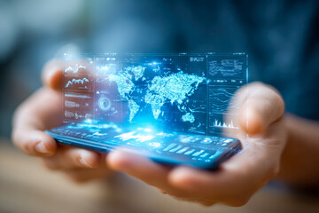 Futuristic global data analysis displayed on a smartphone screen