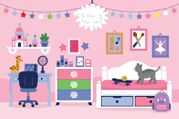 Naklejka premium Flat Vector Illustration of Cute Girl’s Bedroom Interior in EPS 10 Format, No Transparencies, Featuring Modern and Playful Design Elements for Children’s Room