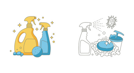 Cleaning Supplies Illustration Spray Bottles Soap and Sponge in Silhouette Style silhouette