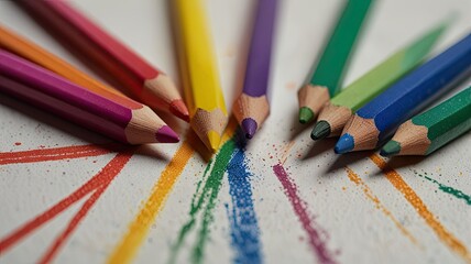 colored pencils on a white background close-up, selective focus