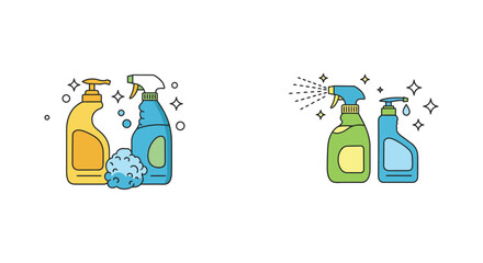 Cleaning Supplies Vector Illustration Featuring Spray Bottles and Soap Dispensers silhouette