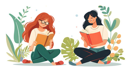 Charming schoolgirls immersed in reading session with an illustrated book
