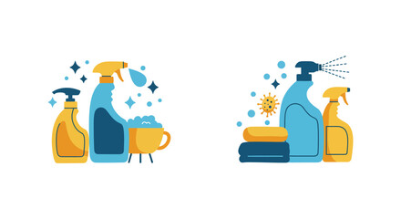 Cleaning Supplies Arrangement with Spray Bottles and Sponges Illustration silhouette