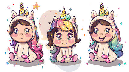 Adorable Cartoon Illustration of a Cute Girl in Unicorn Costume
