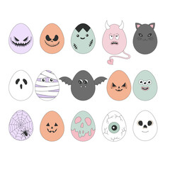 Retro Cartoon Easter eggs designed as spooky Halloween characters including ghost, pumpkin, monster, bat, mummy, black cat and more vector illustration set isolated on white. Perfect for quirky