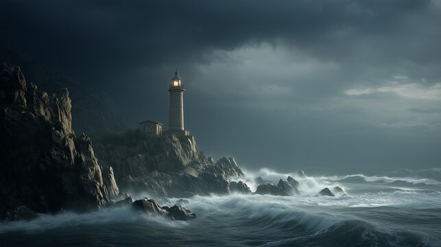 Lighthouse on a cliff with waves crashing during a storm, cinematic ultra detailed 8k dramatic seascape