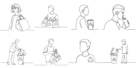 Set of 8 recycling profile SVG icons, one line minimal style, transparent background