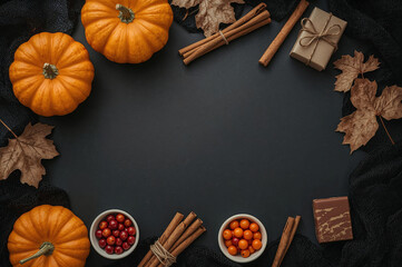 Autumn flat lay with pumpkins dried leaves cinnamon sticks berries gift box and lace on dark matte background