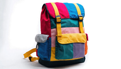 Vibrant Multifunctional Backpack with Various Pockets Isolated on White Background 