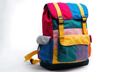 Vibrant Multifunctional Backpack with Various Pockets Isolated on White Background 