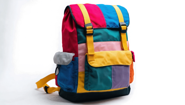 Vibrant Multifunctional Backpack with Various Pockets Isolated on White Background 