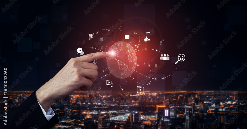 Poster visualization of global digital communication and online across multiple platforms, including global