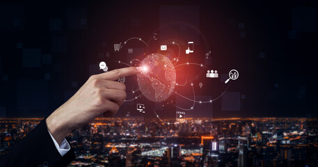 Visualization of global digital communication and online across multiple platforms, including global network, digital network, communication network, and online network. Vouch