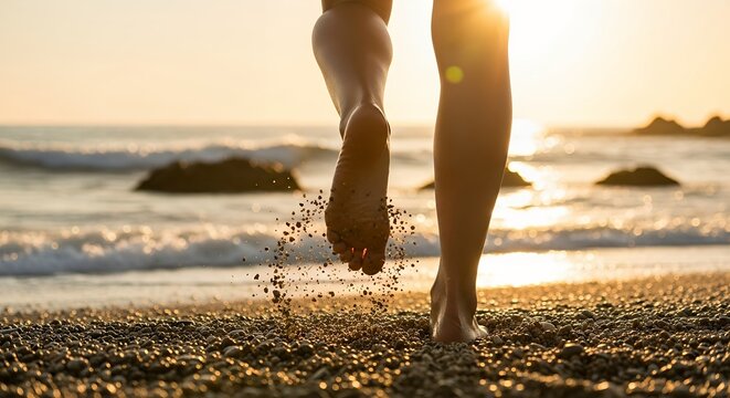 Bare Feet Walking on Beach at Sunset Coastal Travel Photography Summer Vacation Relaxation Footprints in Sand Golden Hour Scene