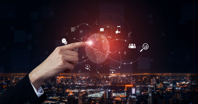 Visualization of global digital communication and online across multiple platforms, including global network, digital network, communication network, and online network. Vouch